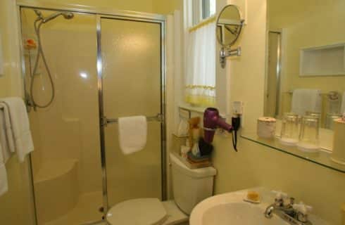 Bathroom with yellow walls, stand up shower, mirror, and white pedestal sink